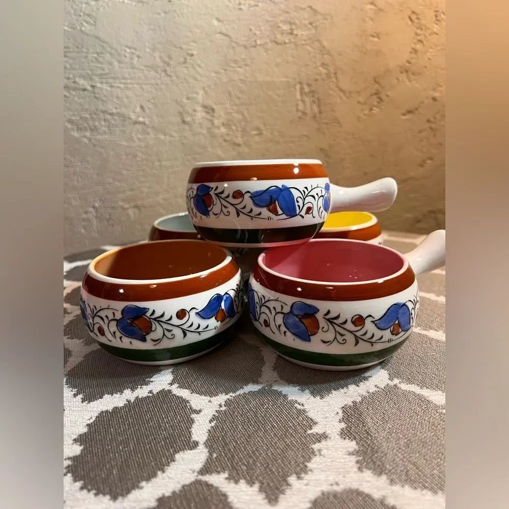 Vintage Japan Colorful Ceramic Soup Bowls 5 Set Ovenproof 3.5 diameter bakeware